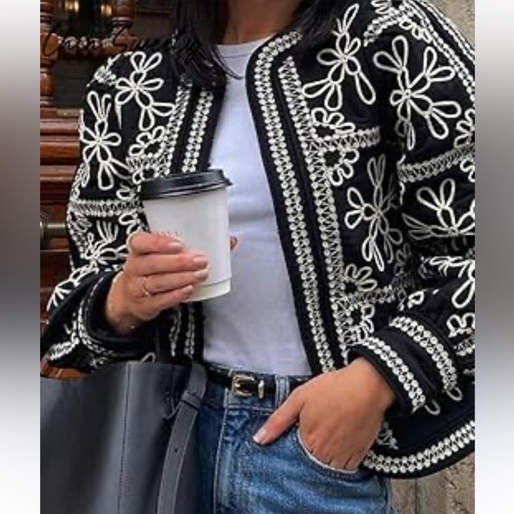 Black and White Blazer with Folk-Inspired Design #284